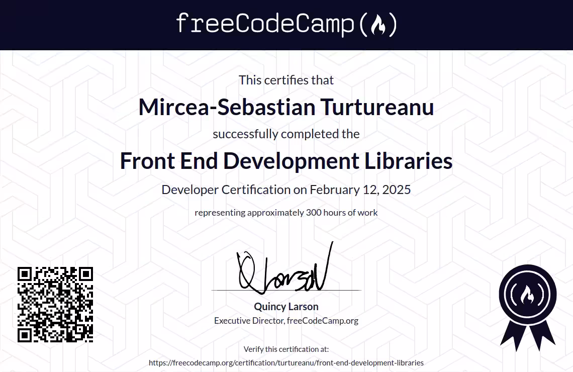 Screenshot of my FreeCodeCamp certification for Front End Development Libraries
